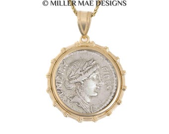 FIDES (47 B.C.) 14k Real Ancient Roman Coin Pendant Necklace | 14k Gold Roman Coin Necklace | Roman Goddess Coin Pendant