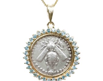 ARTEMIS BEE (202-150 B.C.) Ancient Greek Coin Pendant Necklace | 14k Gold Blue Topaz Real Ancient Greece Coin Necklace | Gold Gemstone