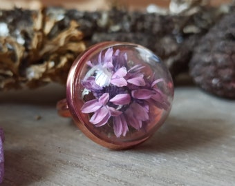Real flowers ring, terrarium, rose gold terrarium, dried flower, real moss, glass vial, romantic jewelry, gift for woman, preserved nature