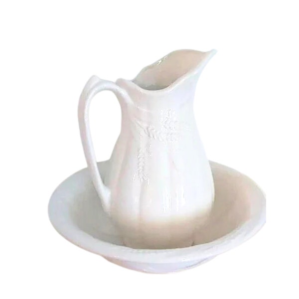White Ironstone Pitcher | Antique cream white ironstone pitcher/ jug/ vintage pitcher| White Pitcher and wash bowl | Wheat design pitcher