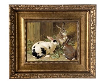 Bunnies oil Painting  Rabbits Framed Oil Painting Print On Canvas