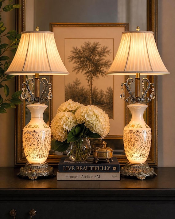 Vintage French Chandelier Glass Table Lamps Pair White Frosted Glass Gold Floral Lamps Crystal Prisms Hollywood Regency French Style