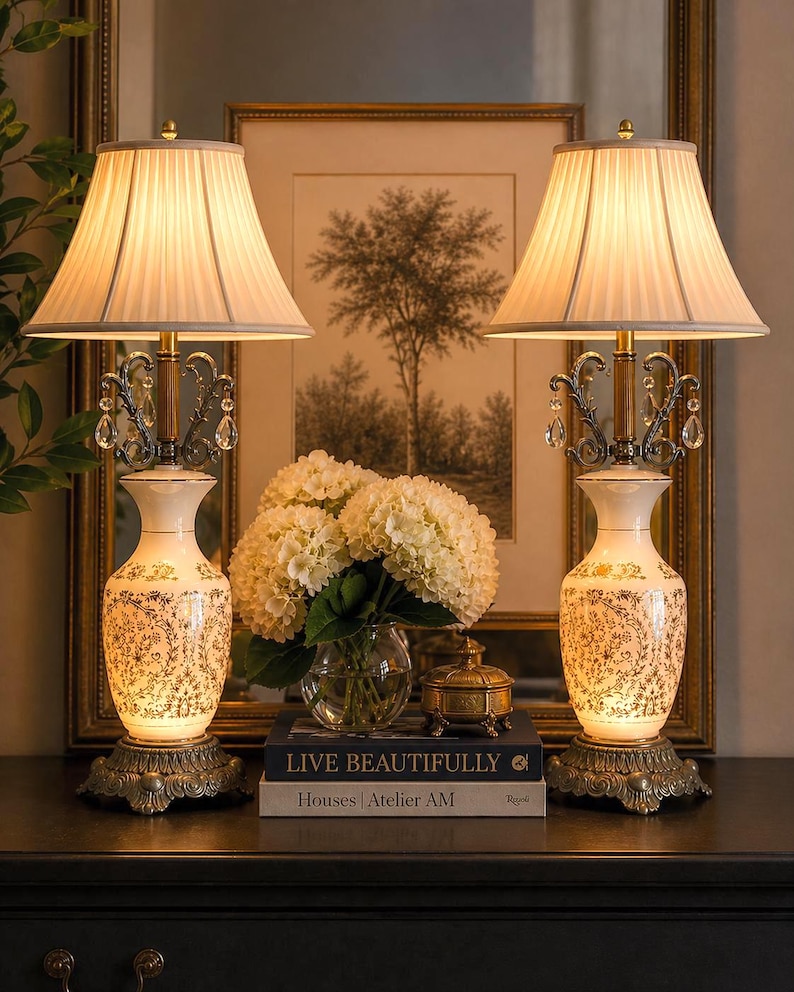 May include: Two matching cream-colored table lamps with pleated shades and ornate bases. The lamps have a floral design and crystal accents. A vase of white flowers and books with the text "LIVE BEAUTIFULLY" are between the lamps.