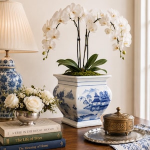 May include: A white orchid plant in a square blue and white porcelain planter with a landscape pattern. The planter sits near a stack of three books, a silver bowl with white roses, a brass lidded container on a tray, and a blue and white lamp.