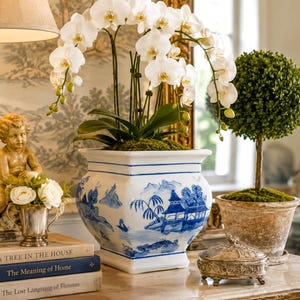 May include: A white orchid plant with yellow centers potted in a square white ceramic planter featuring blue painted landscape scenes. The planter sits on a surface next to a stack of books, a small silver cup with white roses, and a topiary.