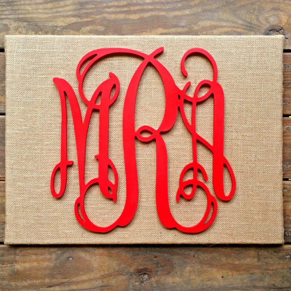 Custom Large Red Wooden Script Monogram on Burlap Canvas, Red Vine Monogram, Monogram Decor, 3 Letter Connected Monogram