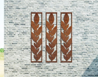 Metal Outdoor Triptych Wall Art - Amazing Garden, Yard Rusted Steel Metal Wall Art Triptych - Corten Steel Leafs Triptych