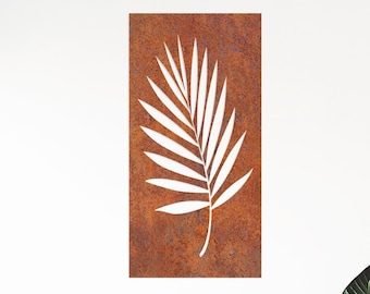 Arte murale in acciaio Corten con foglie di palma: decorazione da giardino in metallo arrugginito
