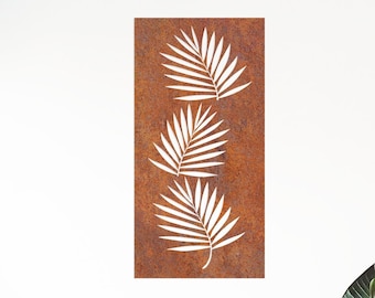 Arte murale in acciaio Corten con foglie di palma: decorazione da giardino in metallo arrugginito