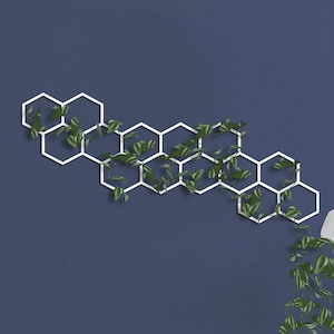 White Metal Wall Trellis Planter, Metal Wall Art White, Indoor plant trellis, Metal hexagon wall decor, White Honeycomb Wall Planter Trellis
