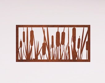 Arte mural con siluetas de espadañas de acero corten: decoración de metal oxidado