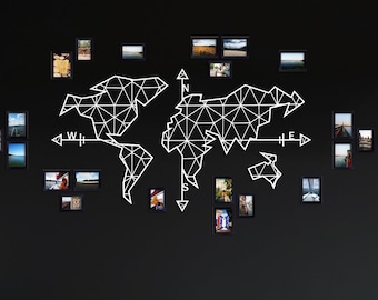 White Metal World Map Wall Art: Geometric Compass Decor