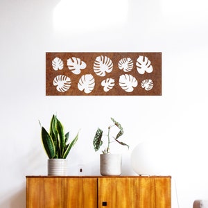 Panneau mural feuille de Monstera en acier corten : oeuvre d&#39;art de jardin rouillé (31,50 po. x 11,80 po.)