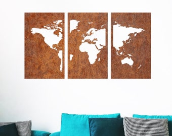 Corten World Map Triptych Wall Art - Rusted Steel Map of The World - Corten Steel Map Triptych Panels