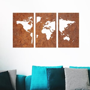Corten World Map Triptych Wall Art - Carte du monde en acier rouillé - Panneaux triptyques de carte en acier Corten