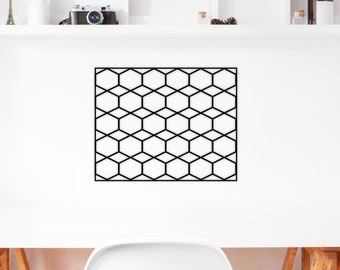 Könnte beinhalten: Schwarzweißes geometrisches Muster mit einem Wabenmuster. Das Muster besteht aus sich wiederholenden Sechsecken.
