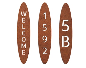 Oval vertical corten steel house number, Personalized corten address signboard, Rusted metal signboard, Round corten numbers