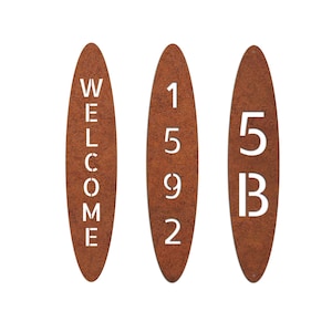 Corten Steel House Number Sign: Oval Vertical Rusted Metal