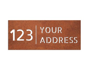 Corten house rectangular address board, rusted steel house number, corten steel street name signboard, unique metal house number