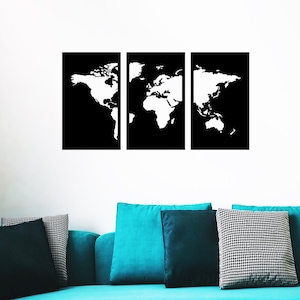 Metal World Map Triptych Wall Art - Metal Magnetic Map of The World - Steel Map Triptych Panels