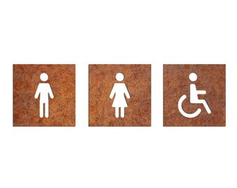 Corten Toilet Signs - Metal Toilets Logo Set - Outdoor rusted steel Toilet plate - Steel Toilet Signs
