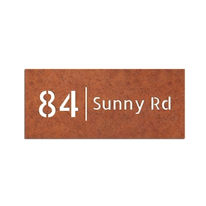 Corten house rectangular address board, rusted steel house number, corten steel street name signboard, unique metal house number
