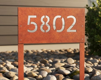 Custom Corten Steel House Number Sign with Stake