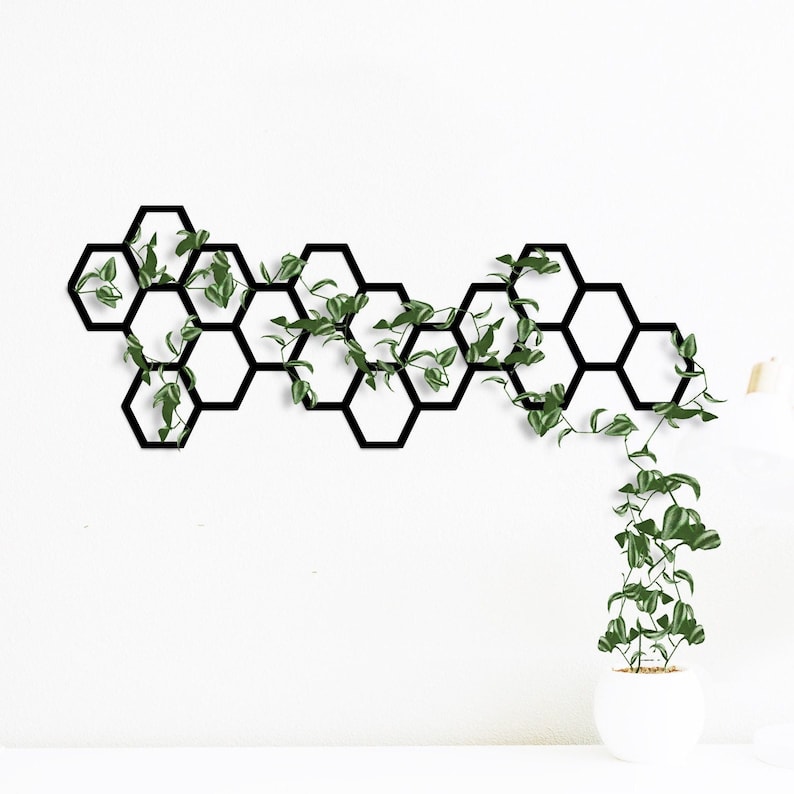 metal honeycomb wall plant trellis, honeycomb metal wall art, hexagon metal wall art, honeycomb metal mood board