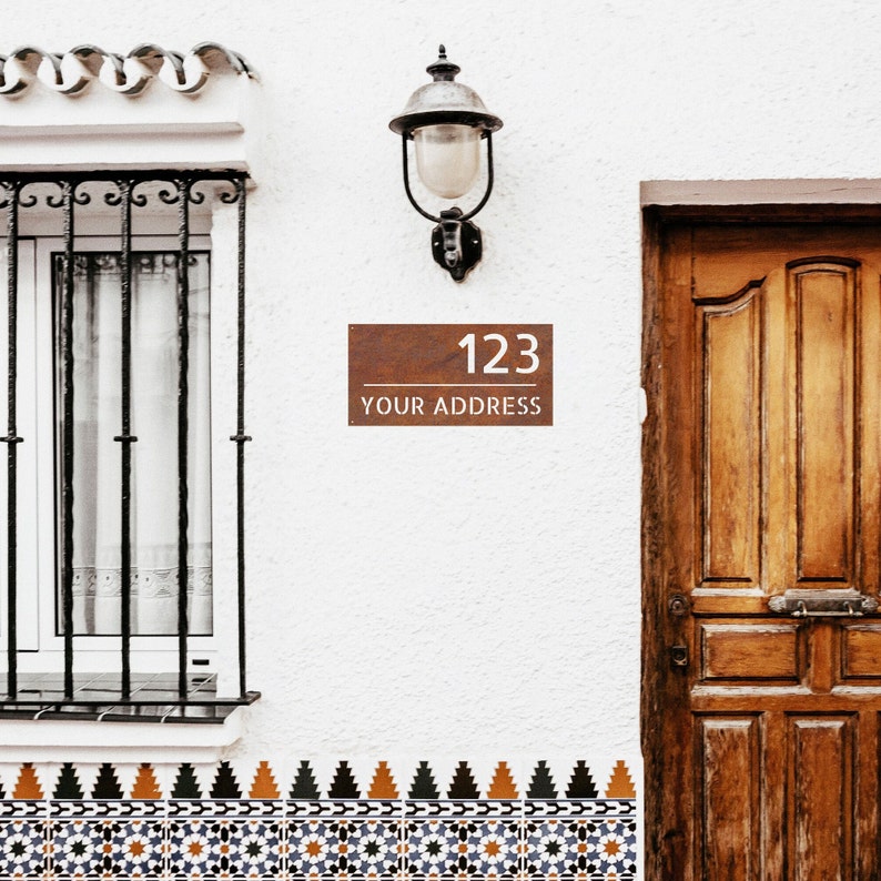 corten steel address signboard, rusted steel house number, rusted steel logo, corten steel logo