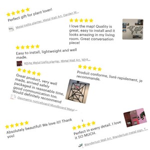 May include: A collage of customer reviews for metal wall art. The reviews are positive and highlight the quality, ease of installation, and overall satisfaction with the product. The reviews include phrases like "Perfect gift for plant lover!" and "Absolutely beautiful! We love it!!"