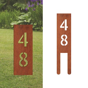 Corten steel house number with stake, Rusted metal signboard inground, Address yard signs with stakes
