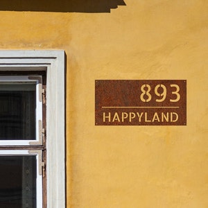 corten steel address signboard, rusted steel house number, rusted steel logo, corten steel logo