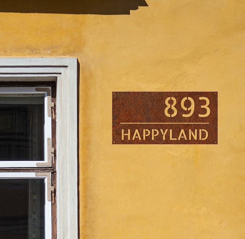 corten steel address signboard, rusted steel house number, rusted steel logo, corten steel logo