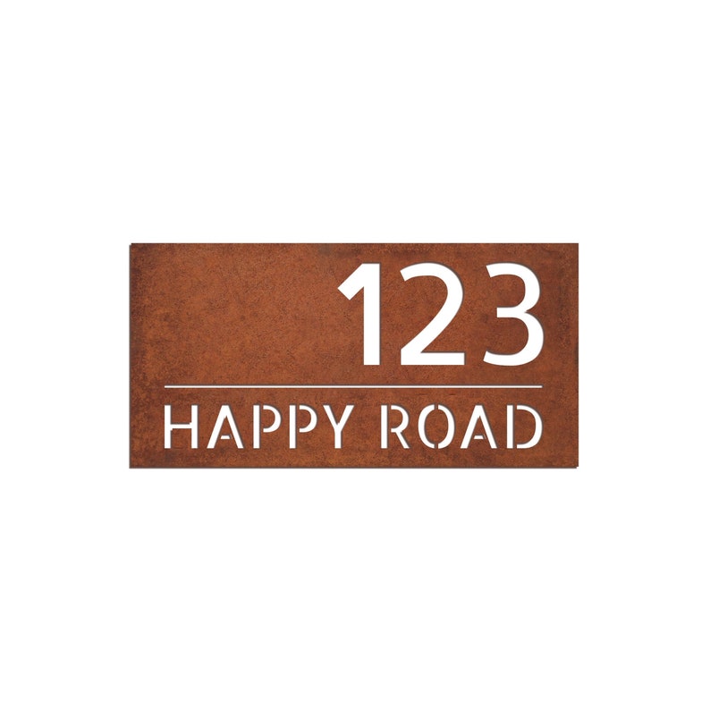 corten steel address signboard, rusted steel house number, rusted steel logo, corten steel logo