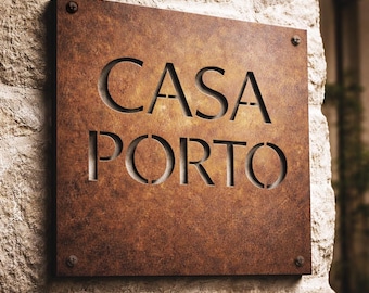 Letrero de acero Corten personalizado, logotipo de metal oxidado, placa de dirección de casa