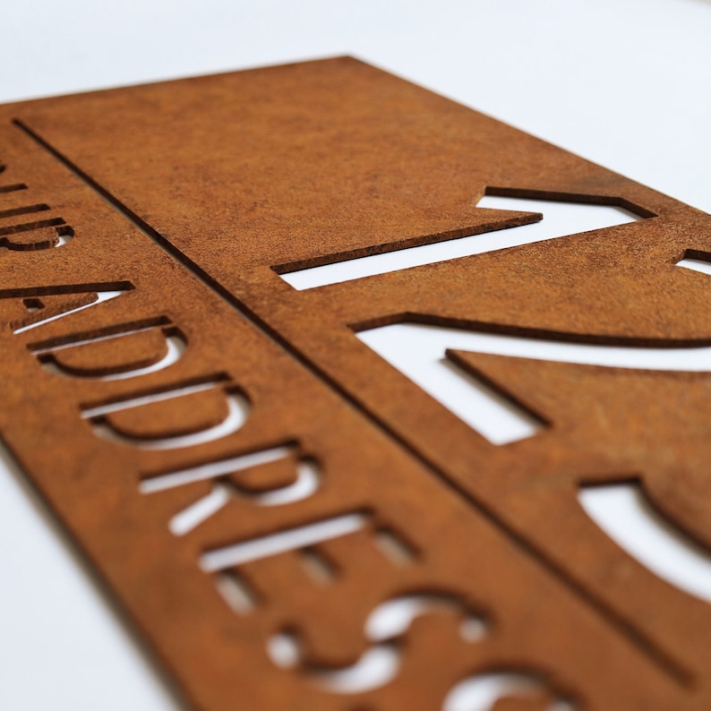 corten steel address signboard, rusted steel house number, rusted steel logo, corten steel logo