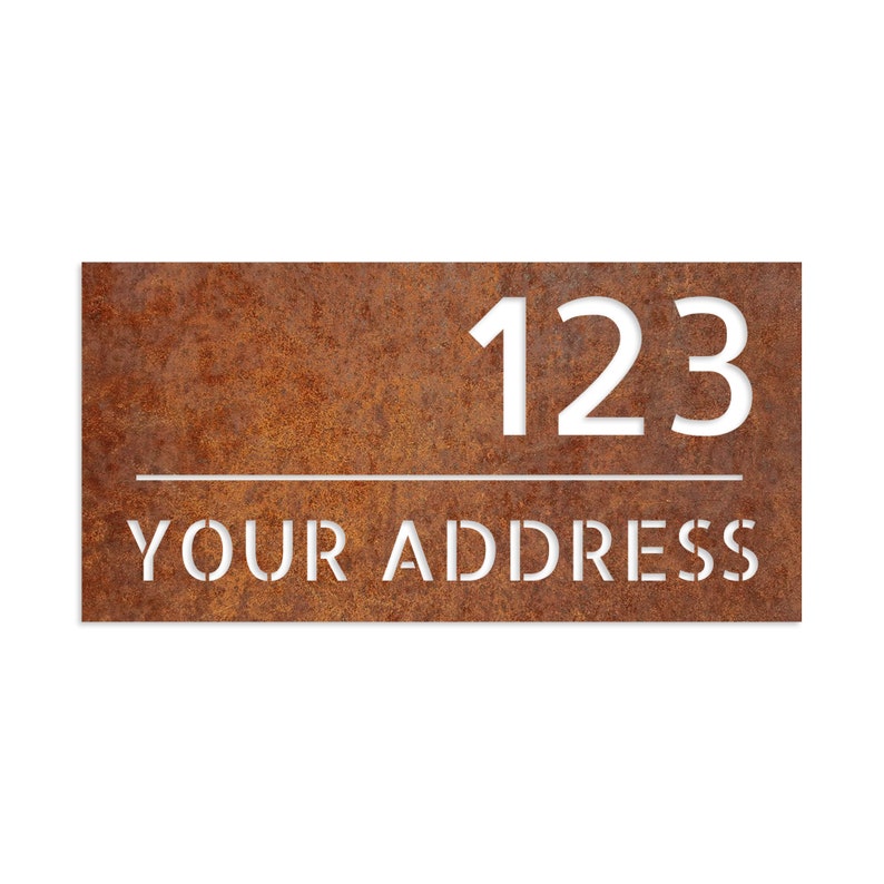 corten steel address signboard, rusted steel house number, rusted steel logo, corten steel logo