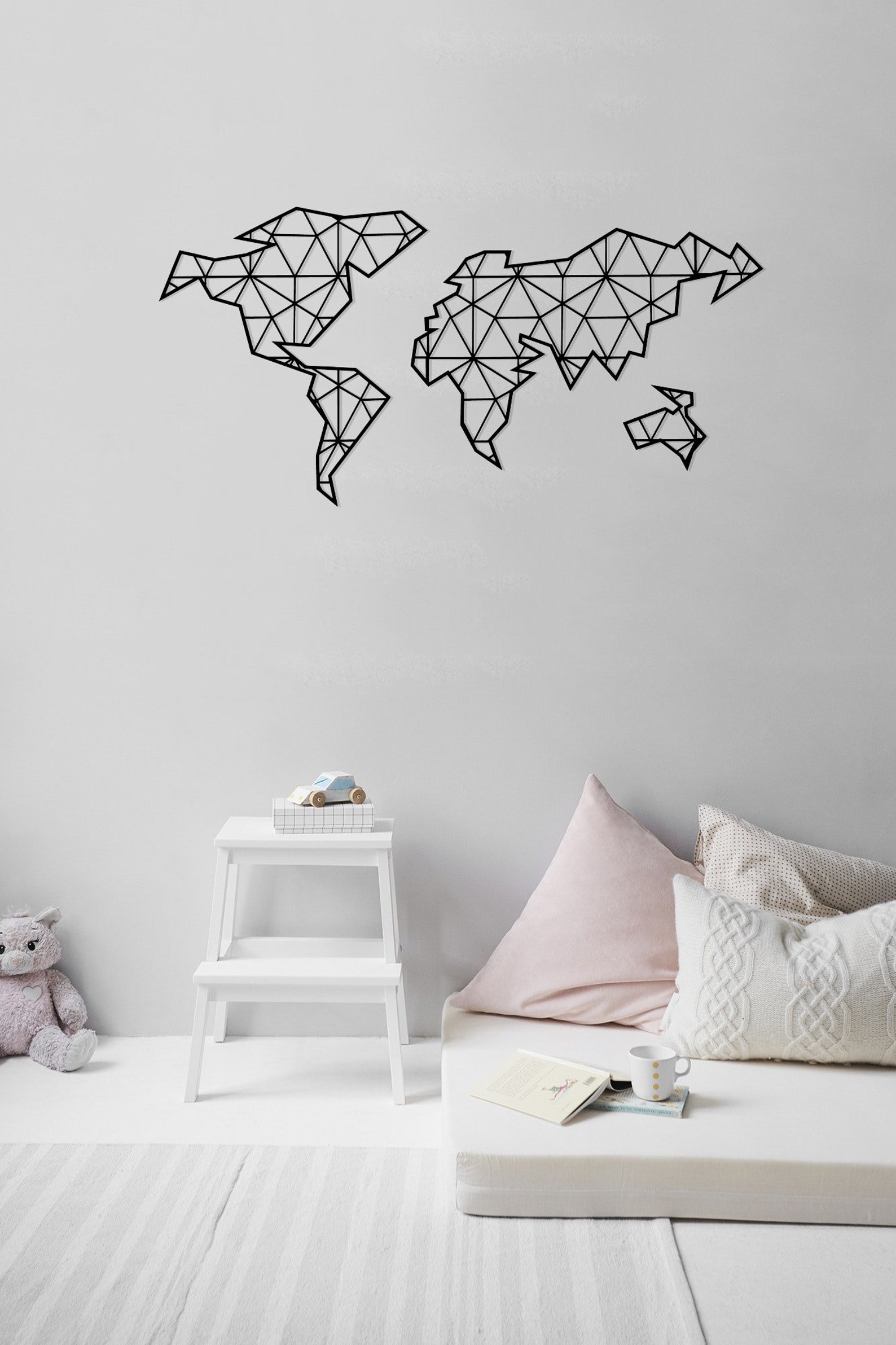 Metal World Map Metal Wall Art Metal Geometric World Map Etsy