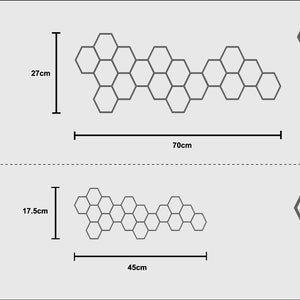 May include: Two gray honeycomb-shaped wall decor designs are shown. The larger design is 27cm high and 70cm wide, with a 10mm thickness. The smaller design is 17.5cm high and 45cm wide, with a 6mm thickness.
