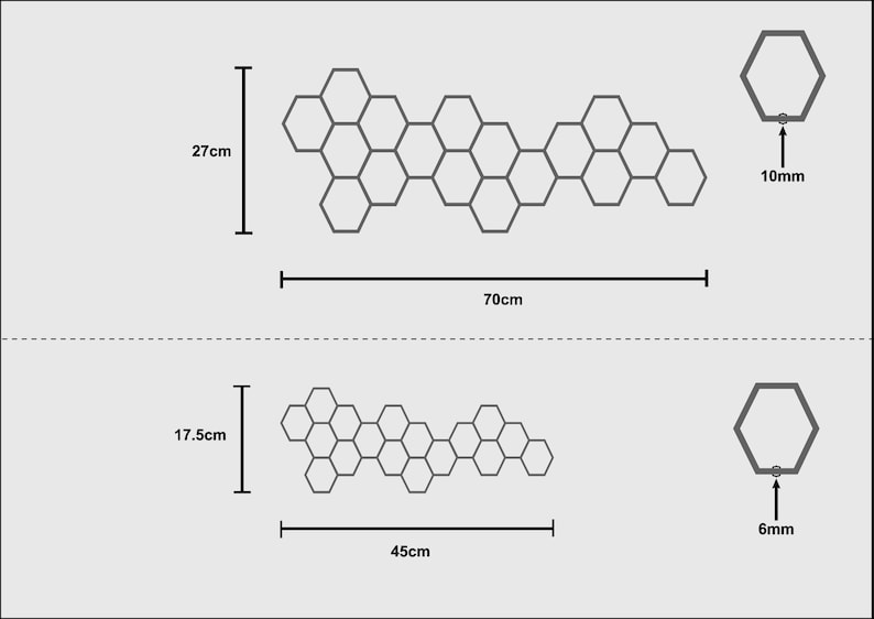 May include: Two gray honeycomb-shaped wall decor designs are shown. The larger design is 27cm high and 70cm wide, with a 10mm thickness. The smaller design is 17.5cm high and 45cm wide, with a 6mm thickness.
