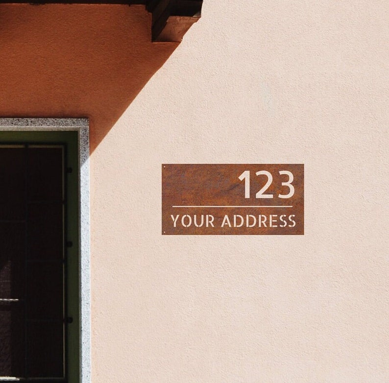 corten steel address signboard, rusted steel house number, rusted steel logo, corten steel logo