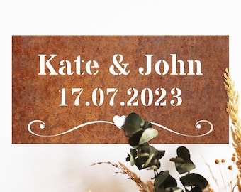 Custom Corten Steel Wedding Sign: Rusted Metal Couple Name Decoration