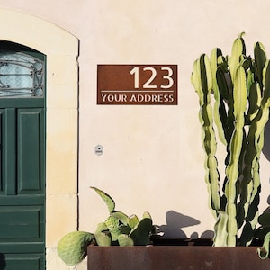corten steel address signboard, rusted steel house number, rusted steel logo, corten steel logo