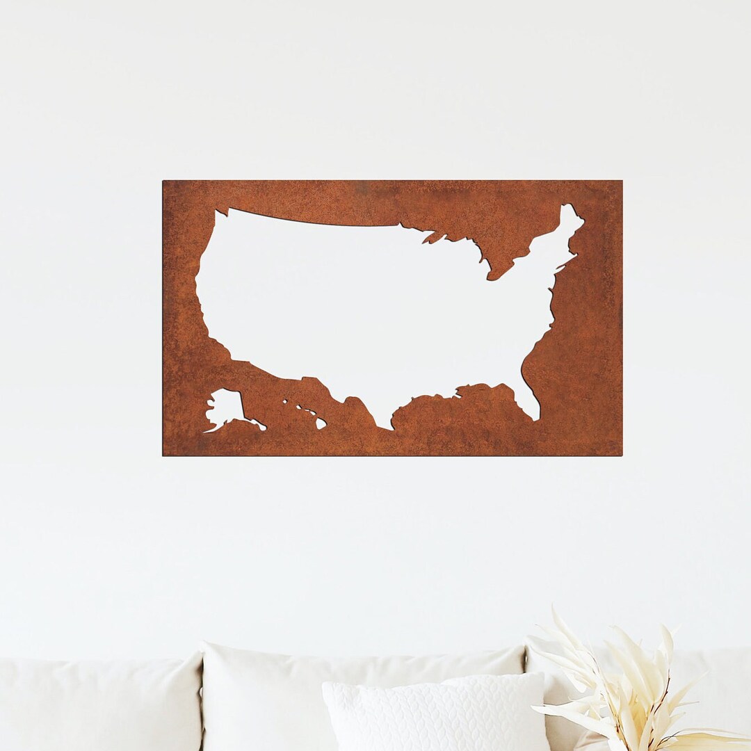Corten Steel USA Map Wall Art, Unique Rusted Steel Metal Wall Art USA