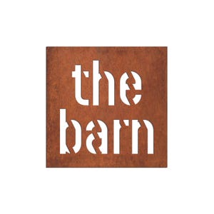 The Barn vierkant cortenstalen uithangbord, verroest metalen schuurbord