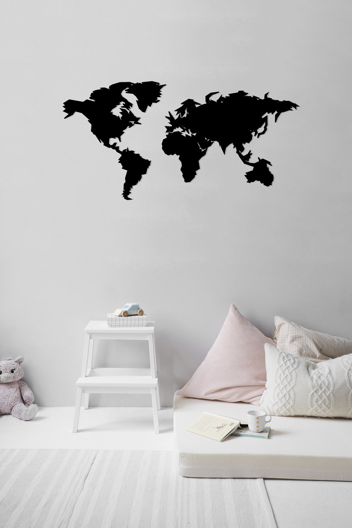 Carte Du Monde Métal Noir Mat 130x55 Cm – Décoration Murale 3D Moderne, Design Élégant Pour Salon Chambre Bureau