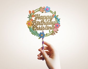 CAKE TOPPER - Happy Birthday cake-topper, hart, verjaardagstaart-topper, gepersonaliseerde cake-topper, aangepaste cake-topper, glitter,