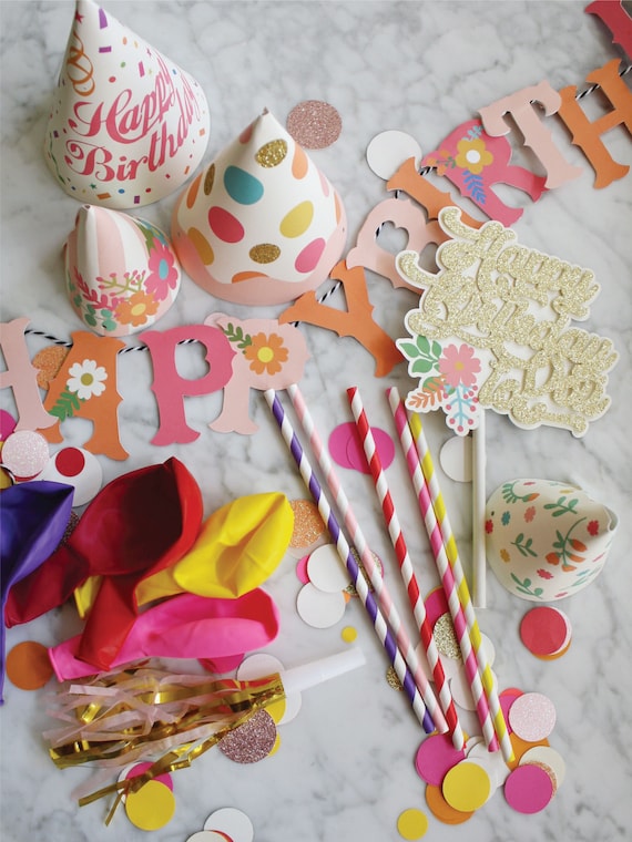 PARTY KIT- PINK - Birthday party kit. Birthday Party box, Birthday Cake Topper, Party in a box, Happy birthday, Party Set