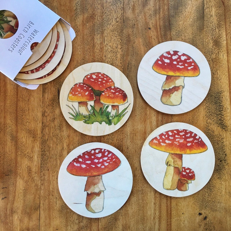 Birch Coaster Set Watercolor Printed Wood Coaster Red Mushroom Set image 2