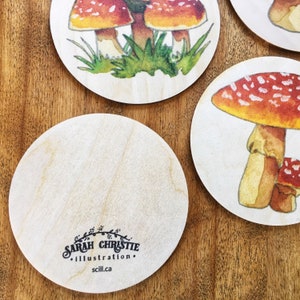 Birch Coaster Set Watercolor Printed Wood Coaster Red Mushroom Set image 4